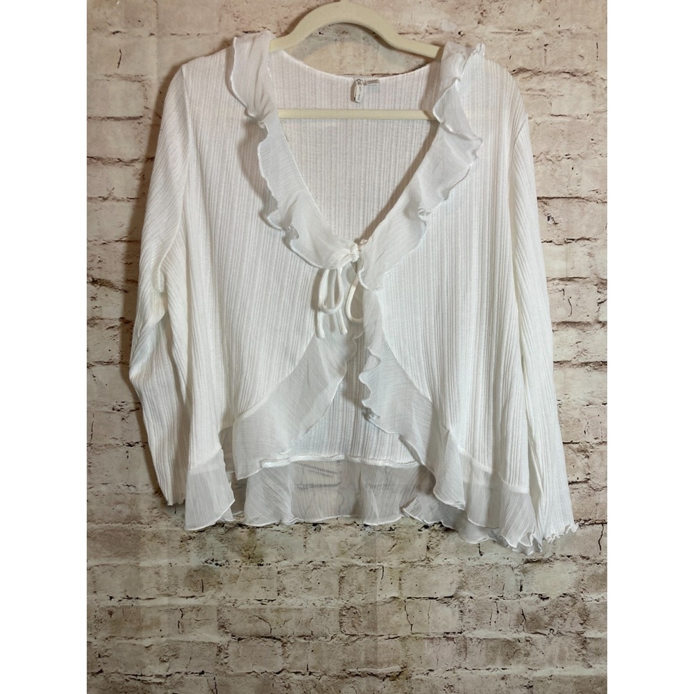 Cato Coquette Top Womens 18/20W White Ribbed Open Front Ruffle Peasant Blouse